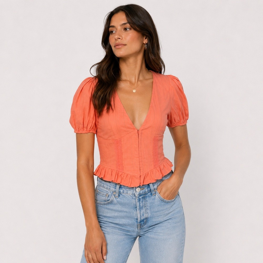 Altar'd State Coral Puff Sleeve Peplum Top Women XS Eyelet Boho‎ Summer Romantic